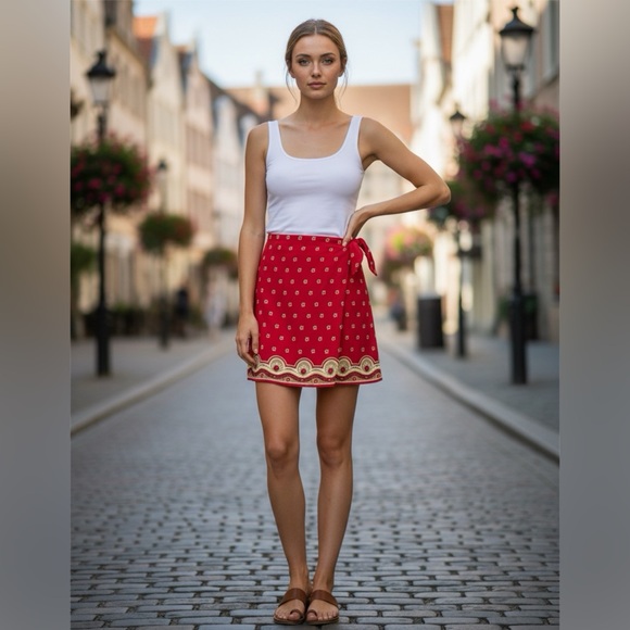 Dkny Dresses & Skirts - DKNY Red Patterned Women's Vintage Wrap Skirt